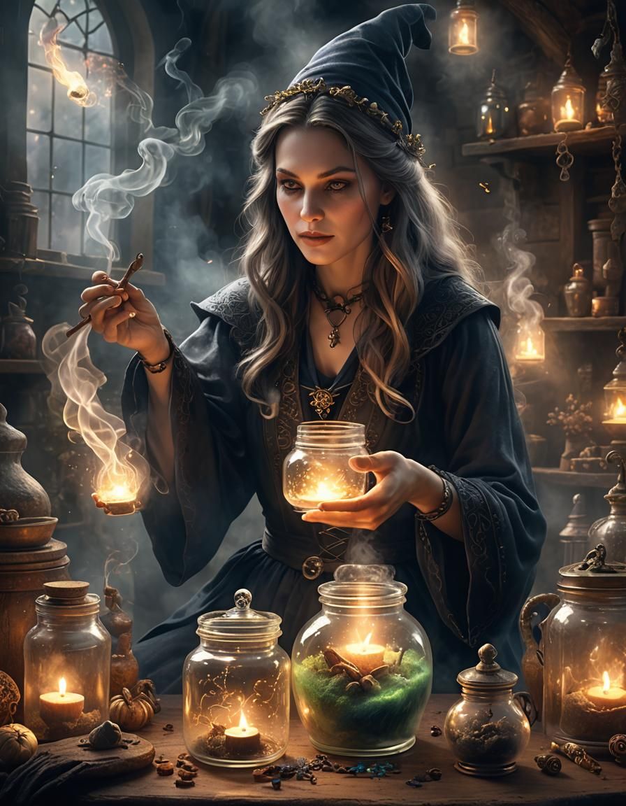 Magical Fog Jar with Witch in Background