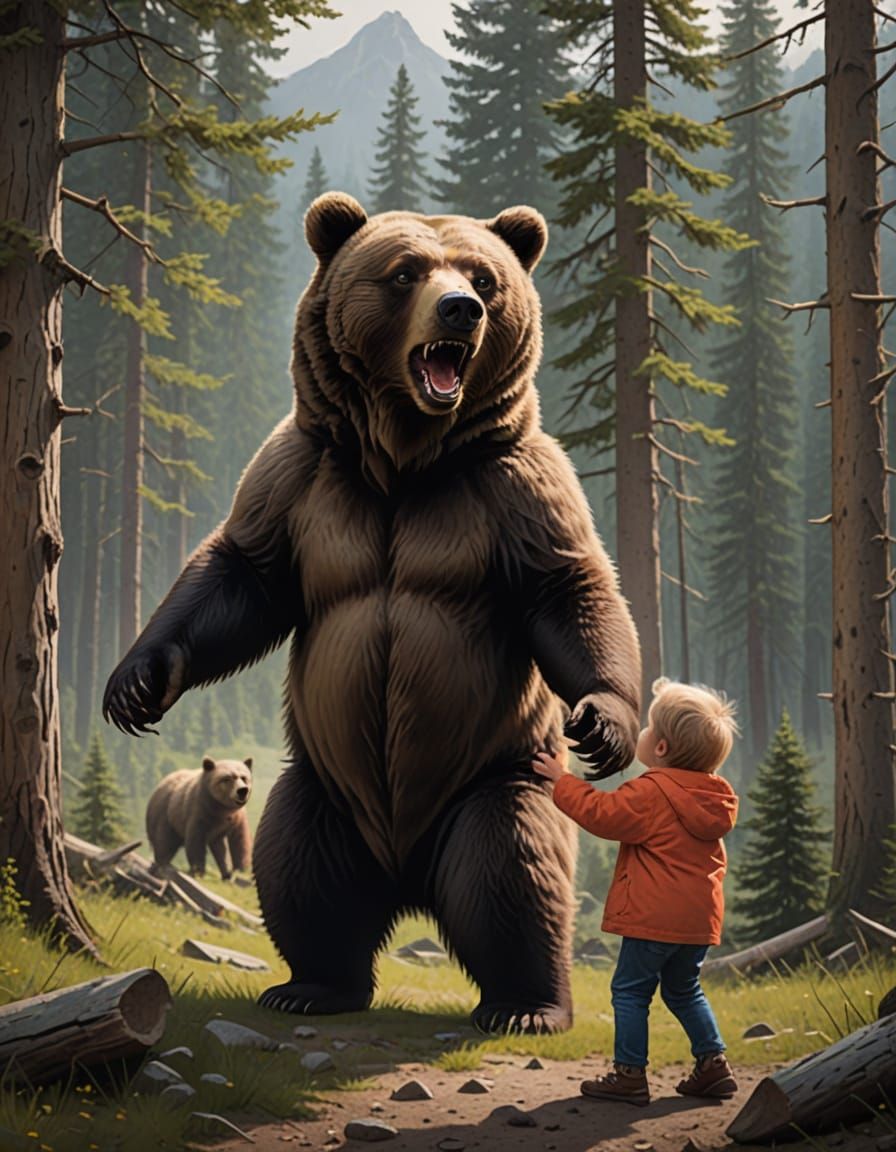 Child Scares Bear in Forest Scene