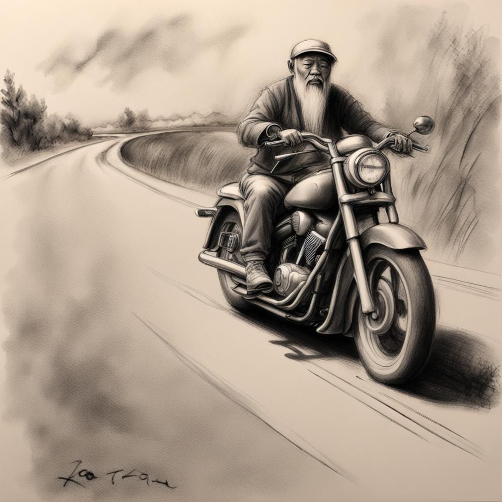 Lao Tzu as Biker Gang Member: Charcoal Sketch