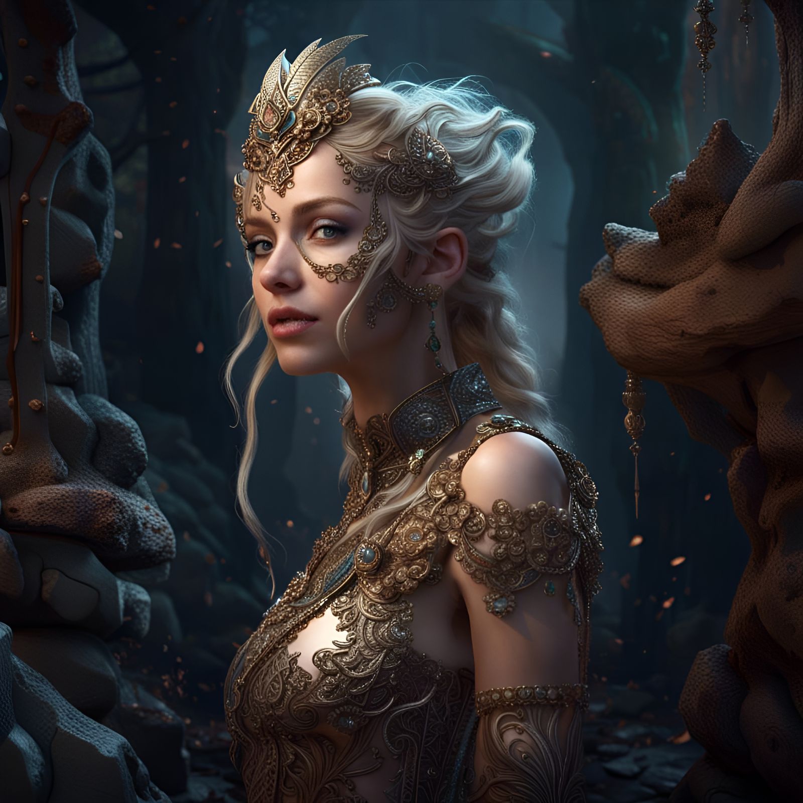 Mystical Elf with Diamond Dress in Hyperrealistic Style