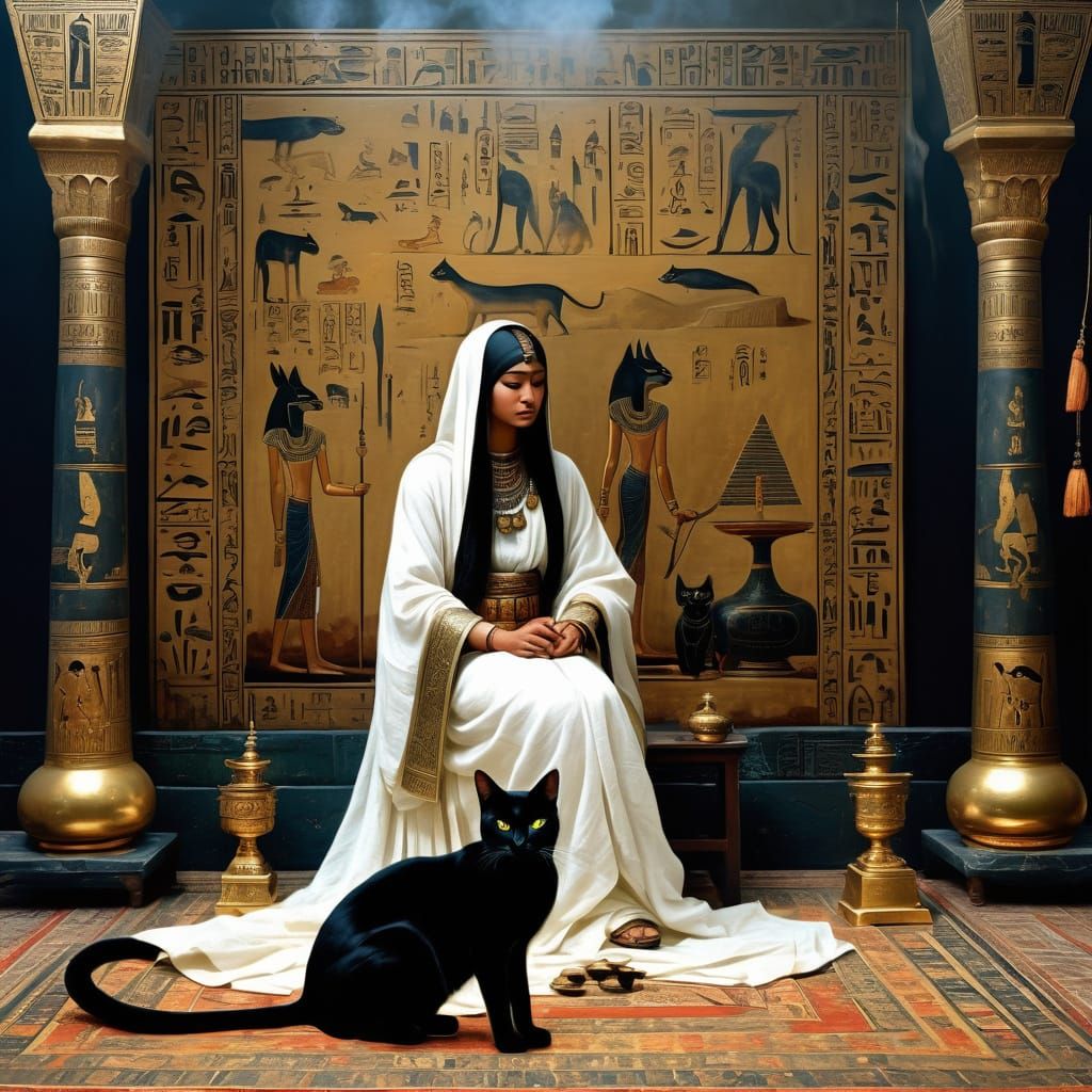 A mystical, ancient Egyptian interior with golden hieroglyphic walls, a seated woman with the head of a sleek black cat ...