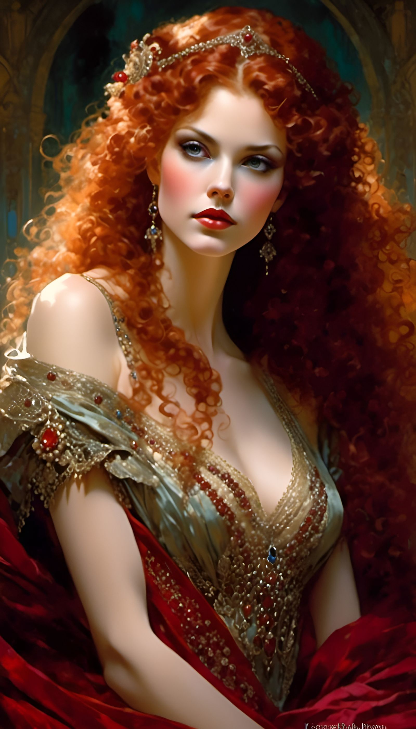 Beautiful Woman in Ornate Gown, Art Nouveau Style