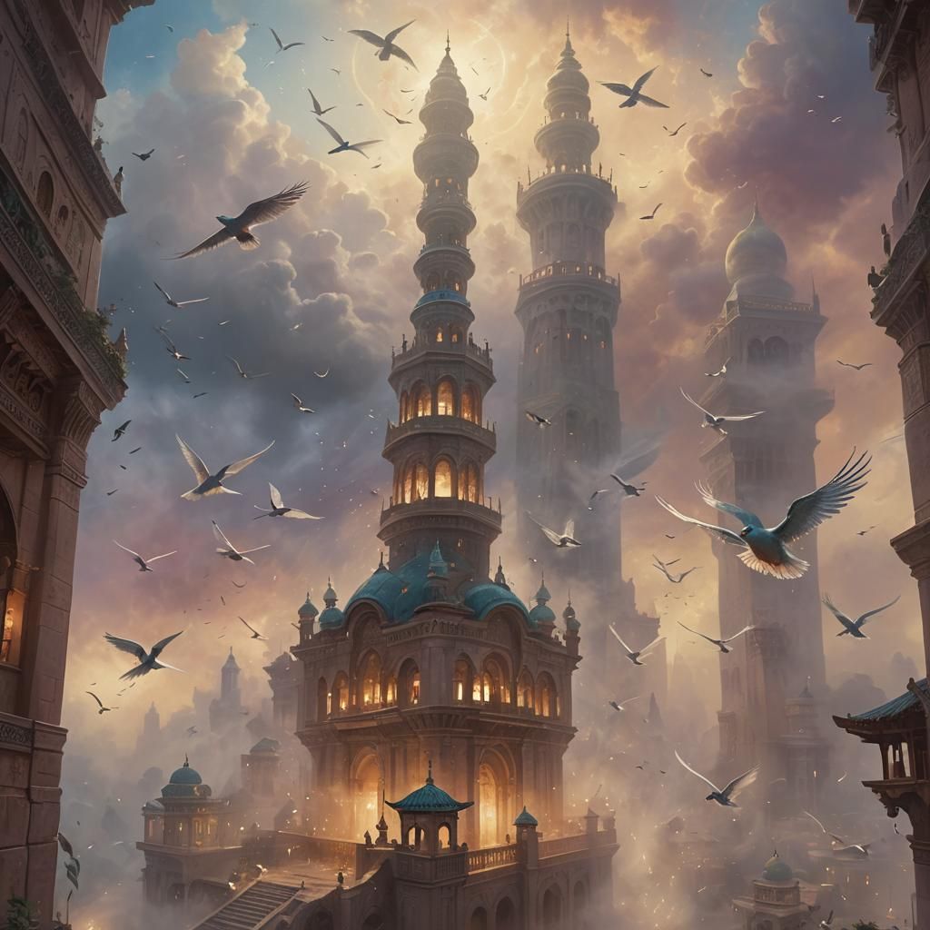 Divine Birds Defend Mecca: Ethereal Digital Painting