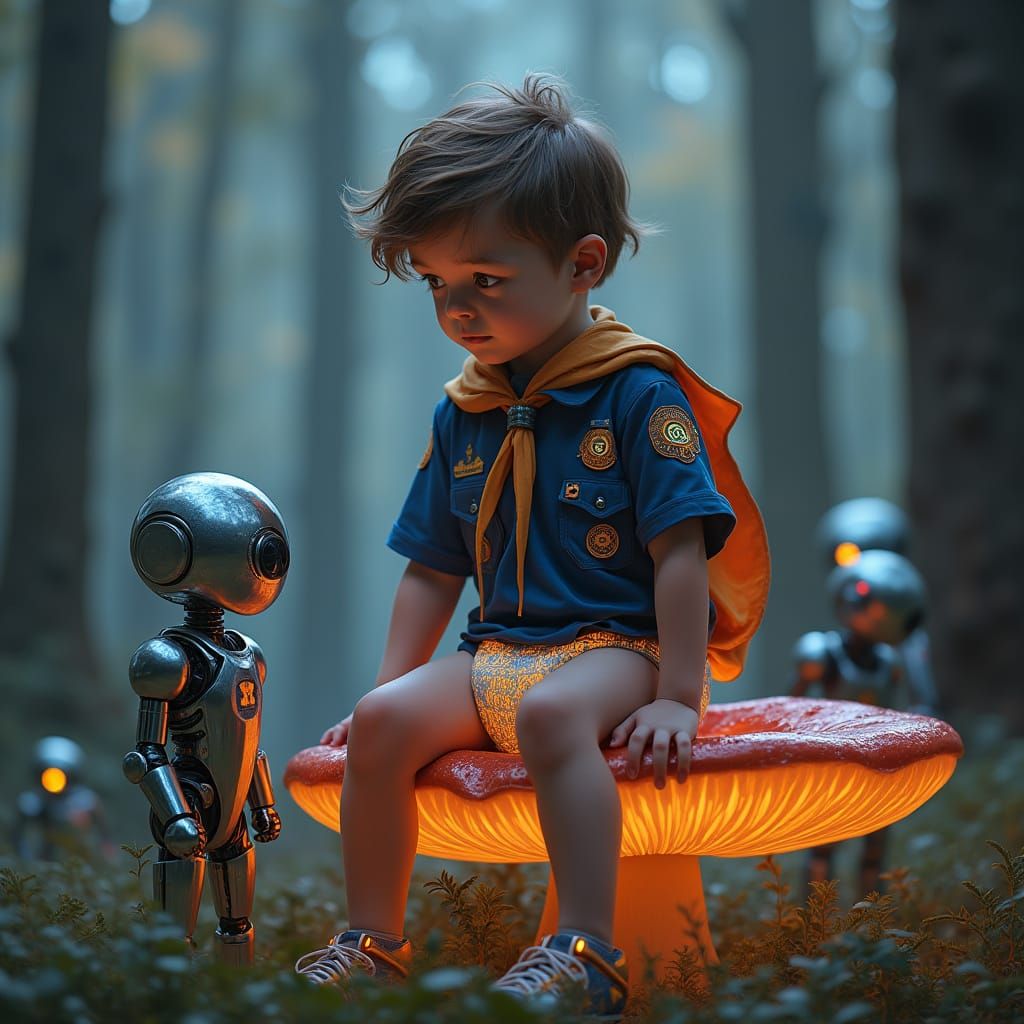 Boy in Futuristic Cub Scout Uniform Surrounded by Robotic Co...