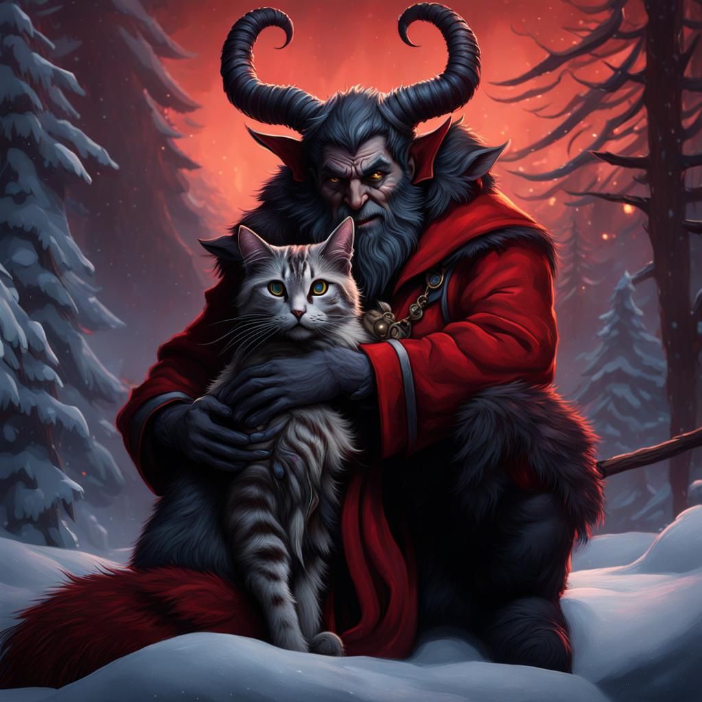 Krampus Cuddles a Cat: Detailed Fantasy Art