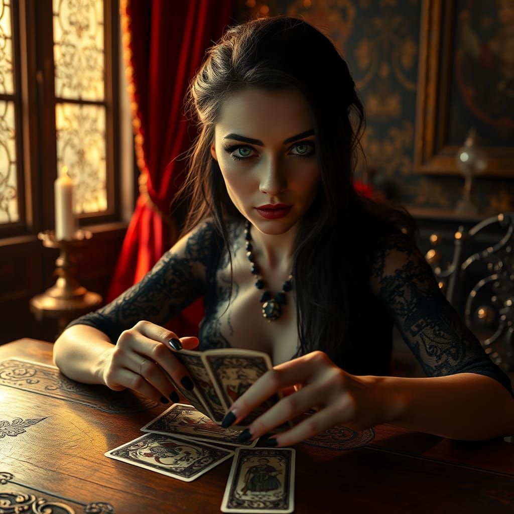 Tarot Reader in Gothic Chamber, Hyperrealistic Splash Art