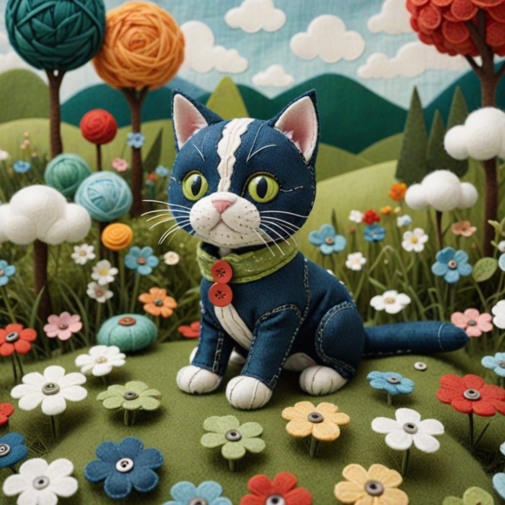 Whimsical Fabric Kitten in a Cozy Textile Wonderland
