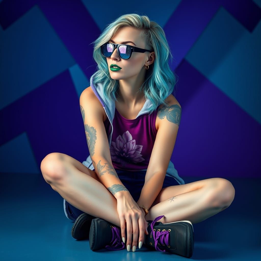 Futuristic Woman with Mirror Glasses in Geometric Setting