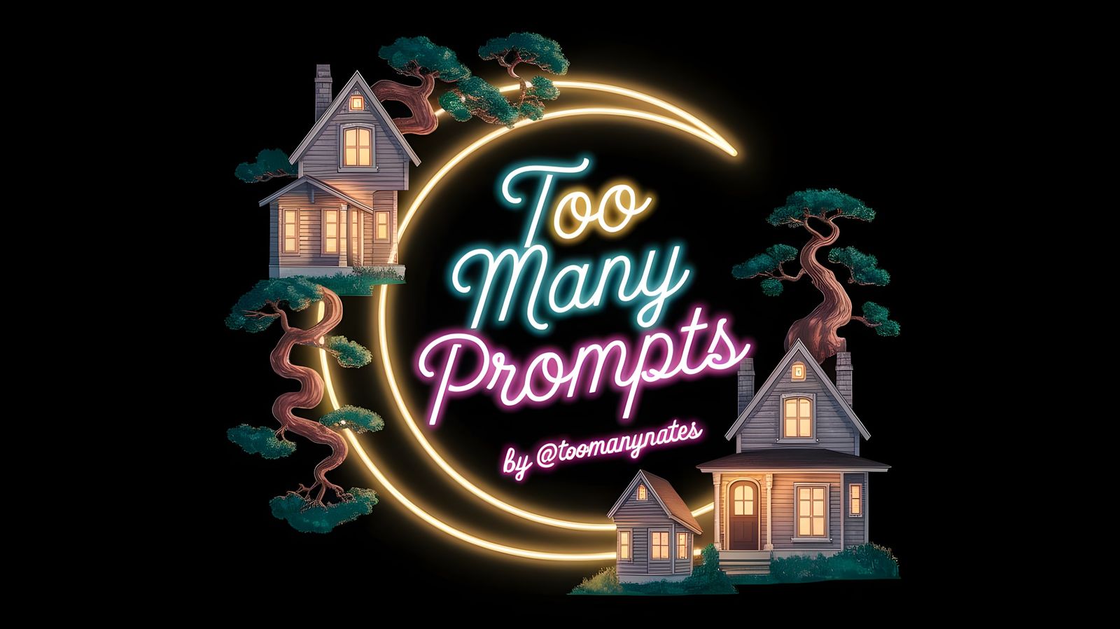 Neon Sign 'Too Many Prompts' with Victorian Cottages