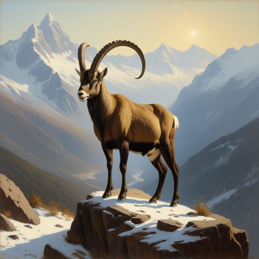 Majestic Alpine Ibex Amidst Snow-Capped Peaks