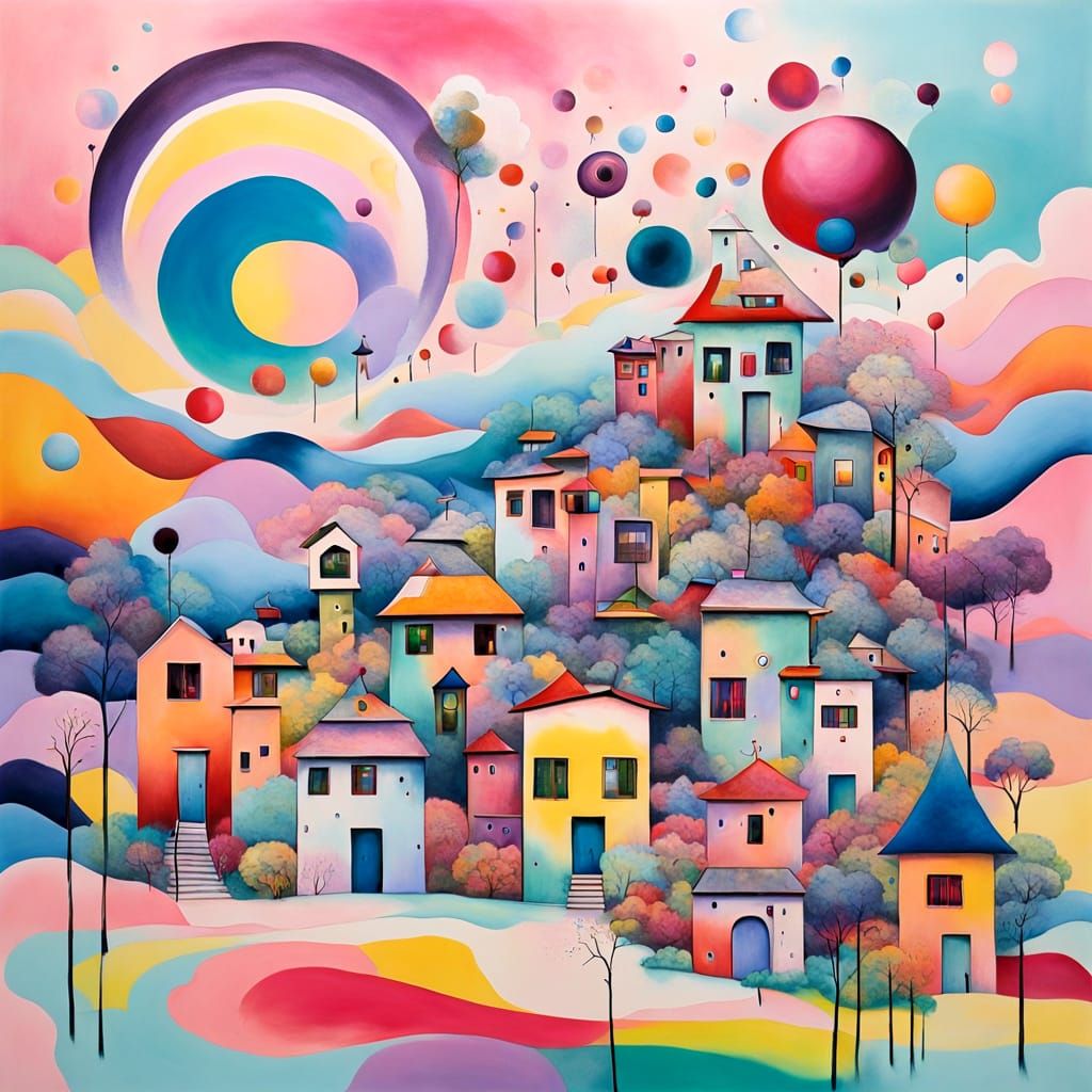 Dreamlike Village in Pastel Hues, Dadaism Style