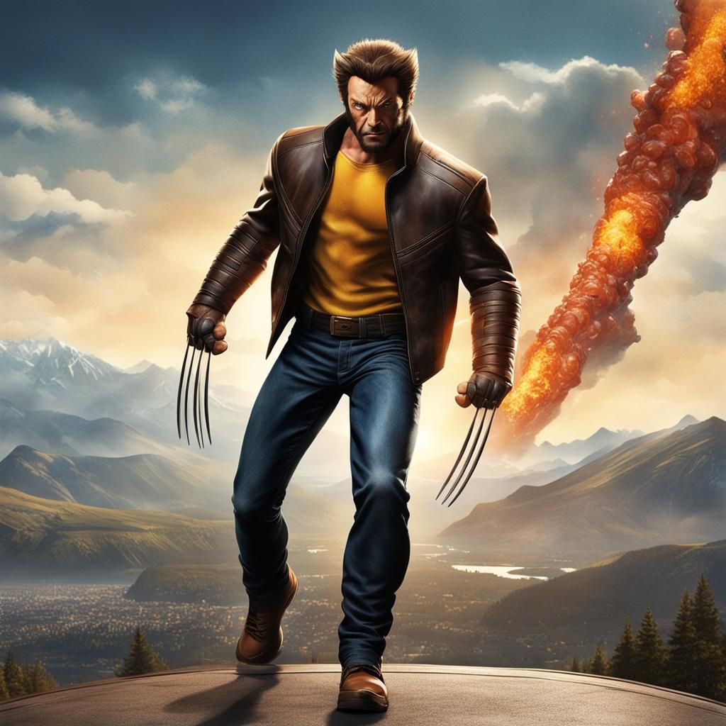 Wolverine in Leather Jacket with Explosion Backdrop