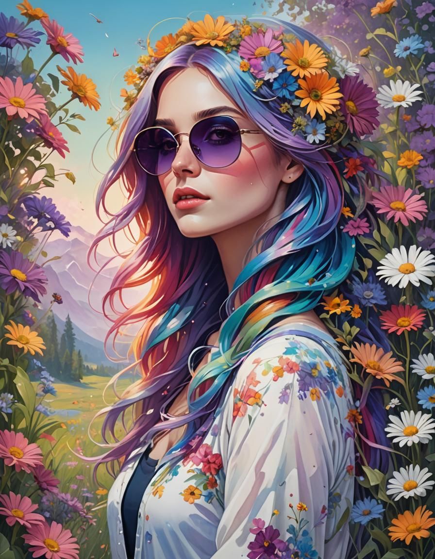 Rainbow Hair Portrait in Dreamy Floral Setting