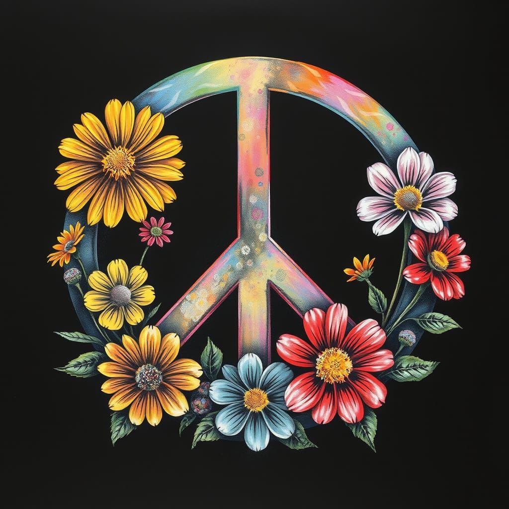 Vibrant Charcoal Peace Sign Amidst Colorful Blooms