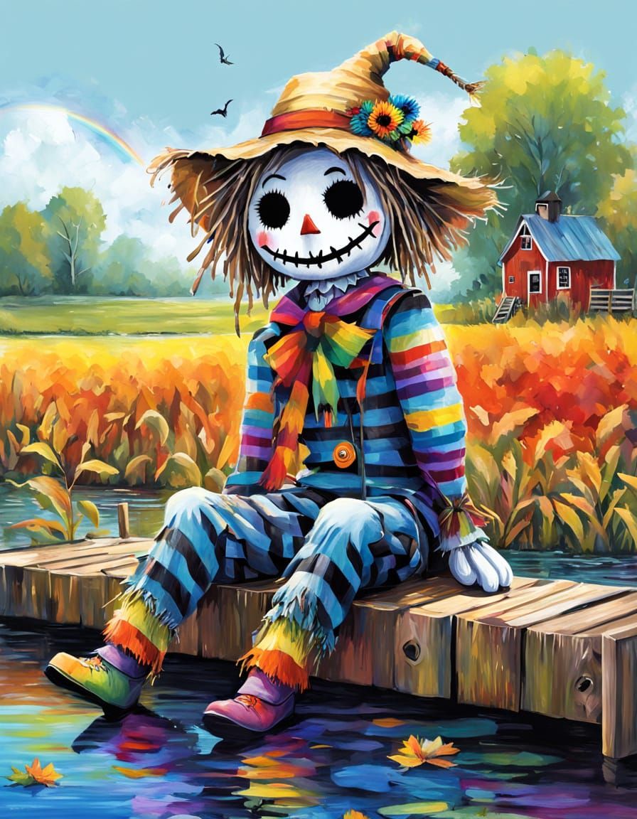 Whimsical Scarecrow in a Rainbow Landscape