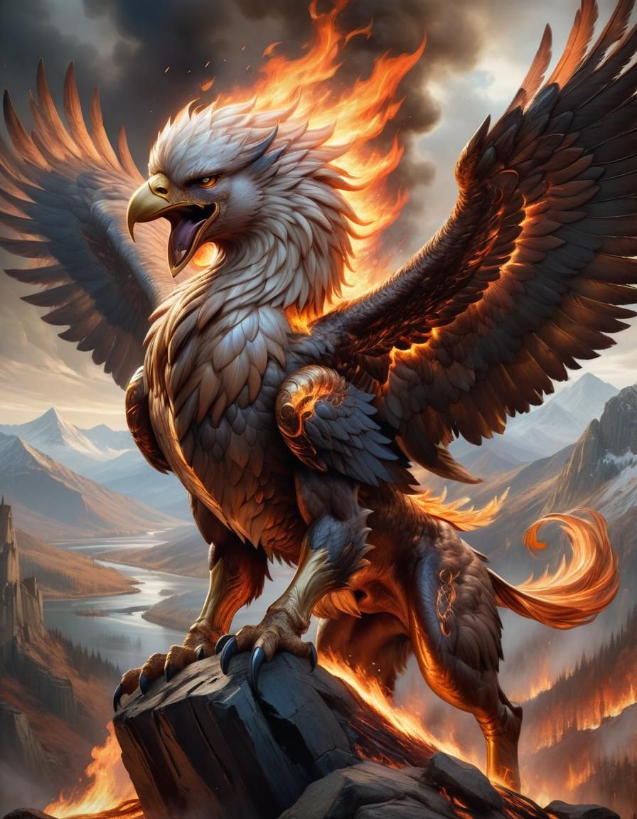 Majestic Fire Griffin with Steely Gaze Illustration