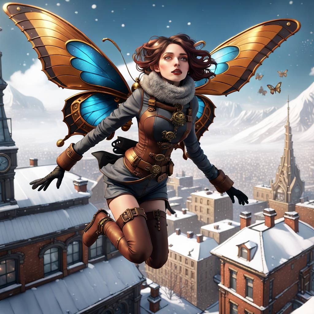 Steampunk Girl Jumps From Snowy Roof
