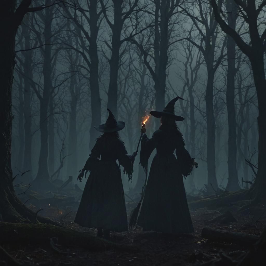 Silhouette of a Witch in Dark Forest