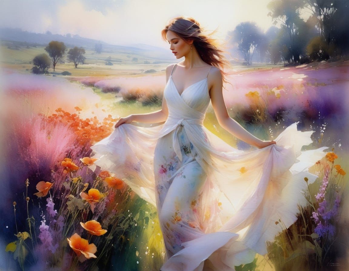 Woman Clothed in Flowers in Watercolor Fantasy Art
