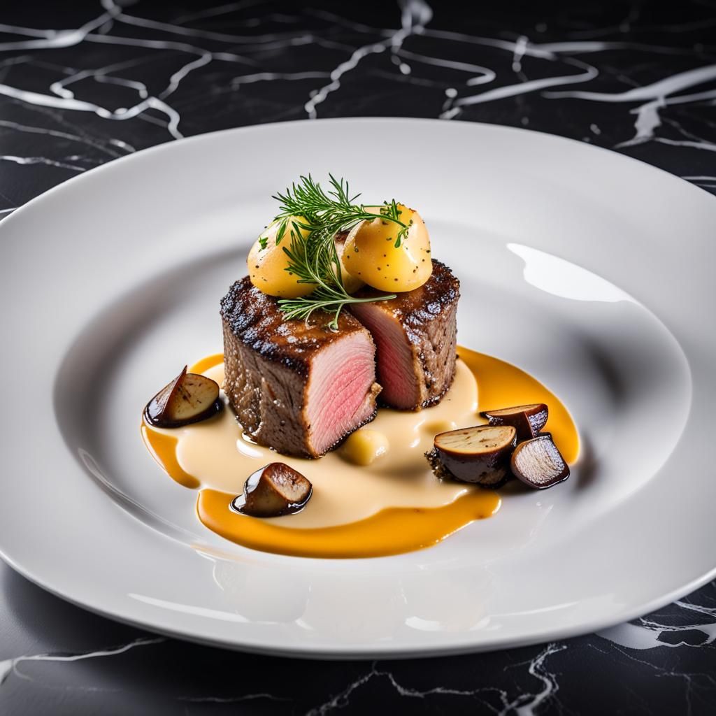 Beef Fillet with Warm Potatoes in Cheese Sauce and Mushroom Espuma