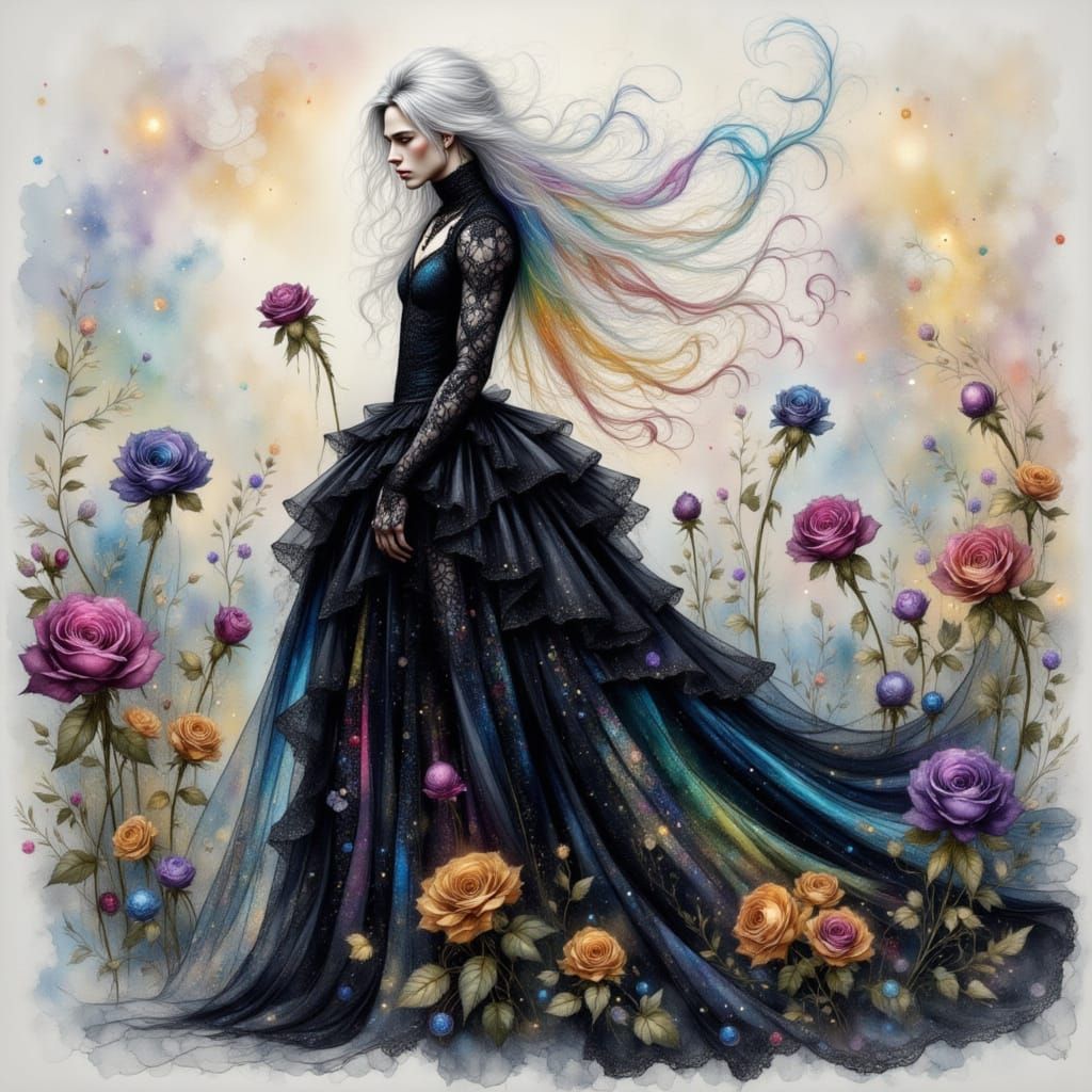 Goth Man in Rococo Gown Amidst Dark Fantasy Nature