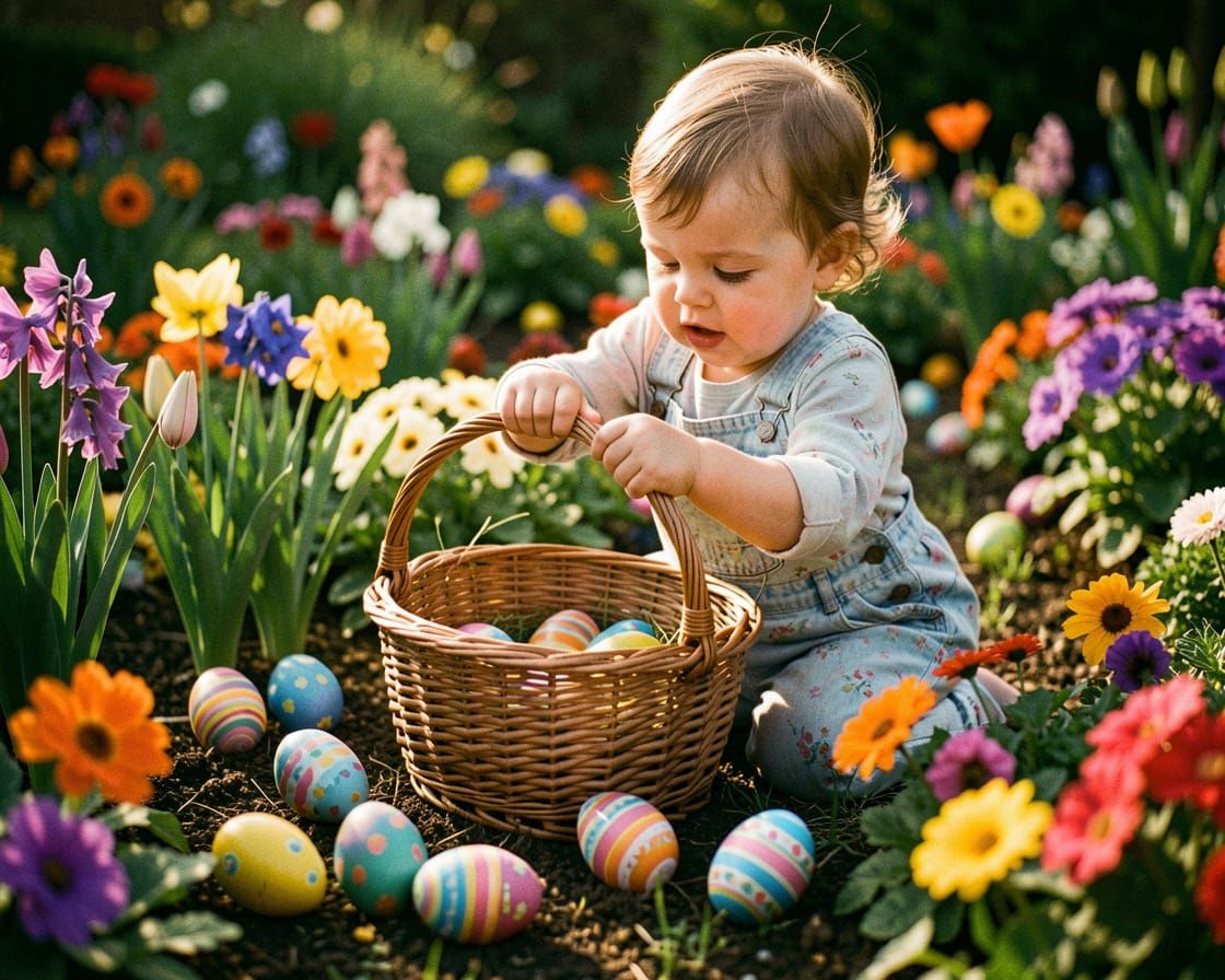 Toddler Hunts Easter Eggs in Vibrant Garden
