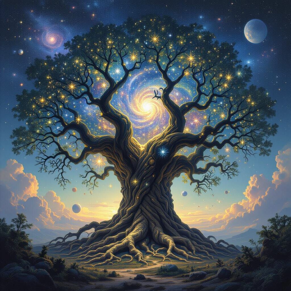Celestial Ancient Tree with Swirling Nebula Canopy