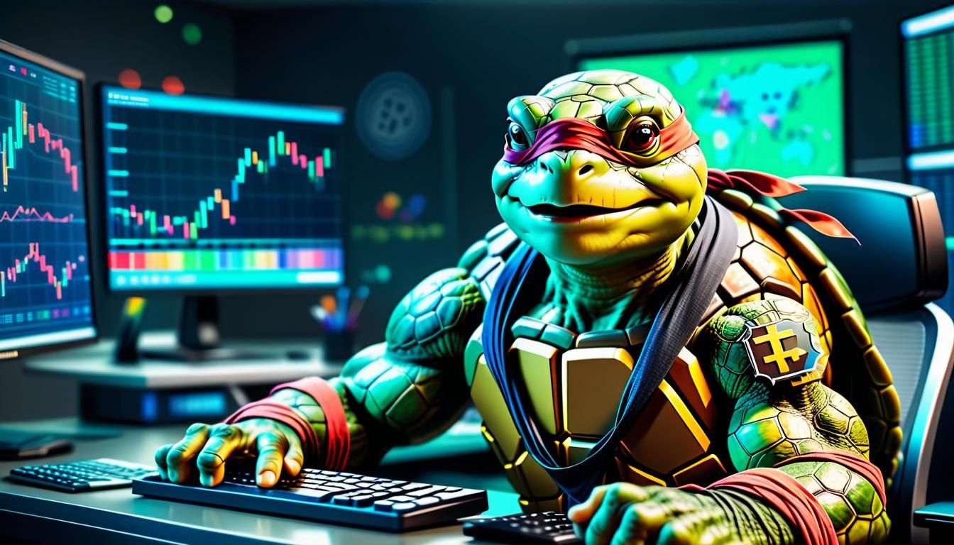 Ninja Turtle in Financial Control Room: Hyperrealistic Splas...