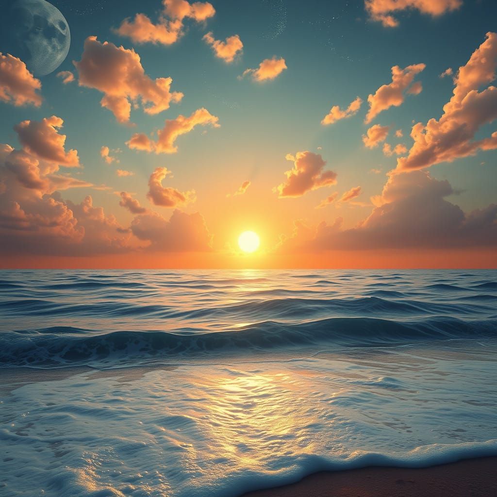 Golden Sunrise Over a Serene Milk-White Ocean in a Cyberpunk...