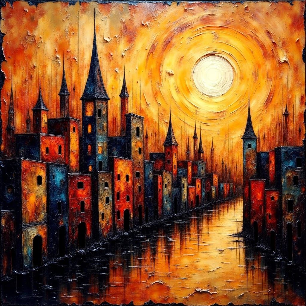 Kintsugi Cityscape at Sunset in Encaustic Impasto Style