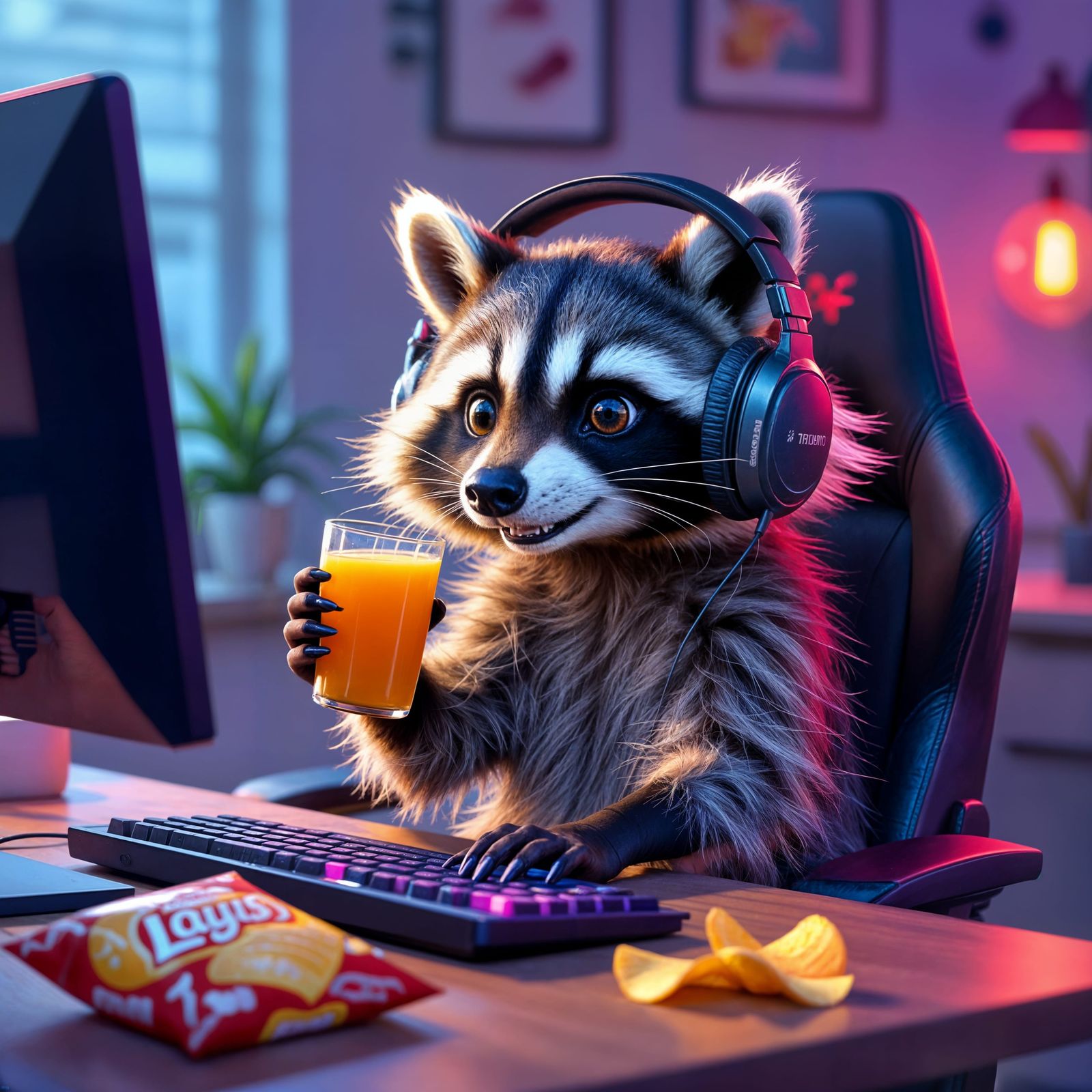 Raccoon Gamer Sits at Desk with Juice and Keyboard