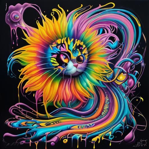 Surreal Cat with Sunflower and Rainbow in Gouache Style