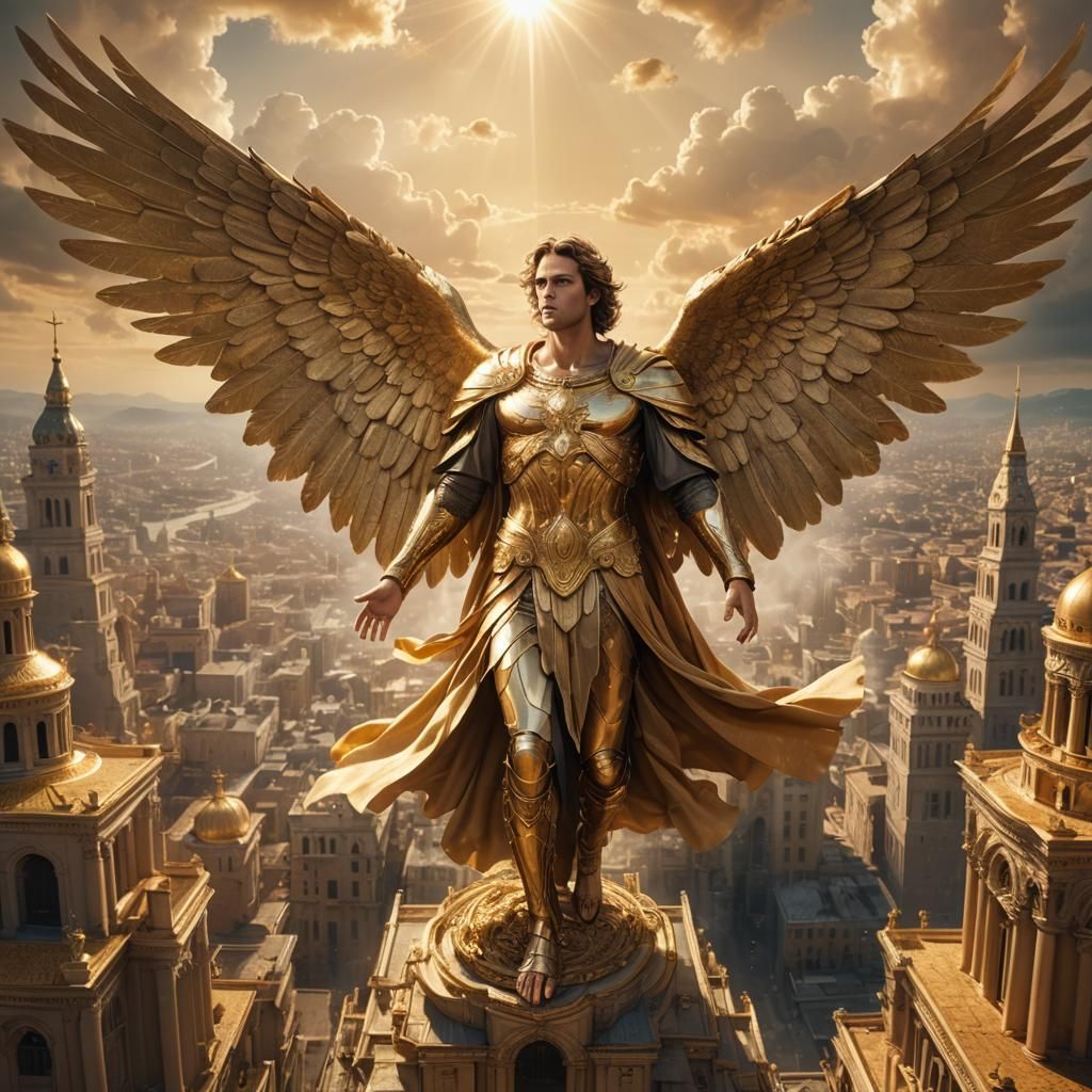 Golden Angel Soaring Over Byzantine City
