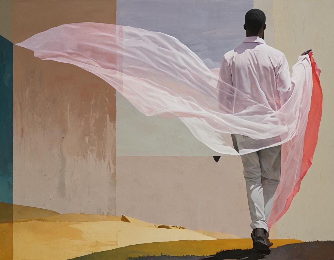 Abstract Figure Disappears into Misty Landscape