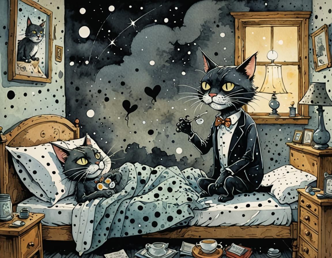 Surreal Tomcat's Bioluminescent Awakening: Watercolor and In...