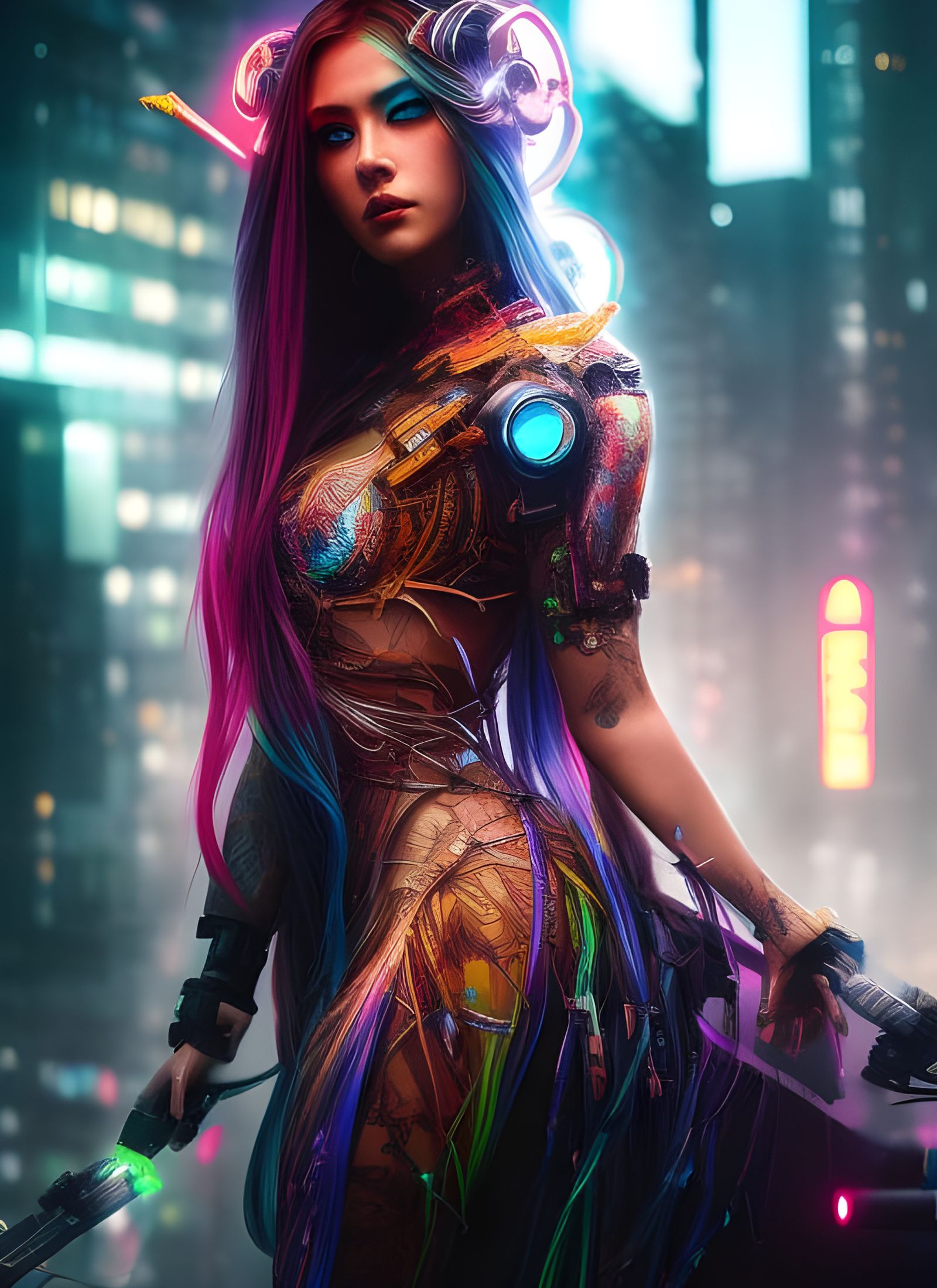 Cyberpunk Goddess with Neon Hair, Digital Art