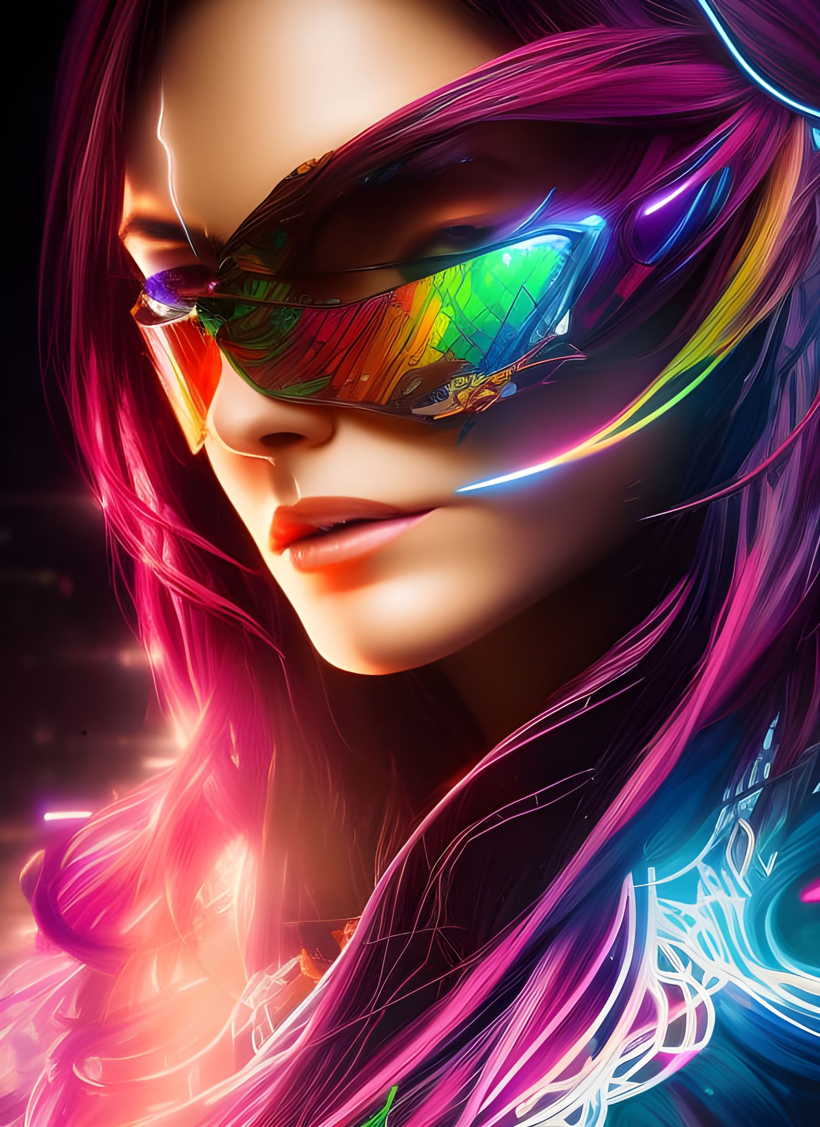 Cyberpunk Goddess with Rainbow Hair, Digital Art