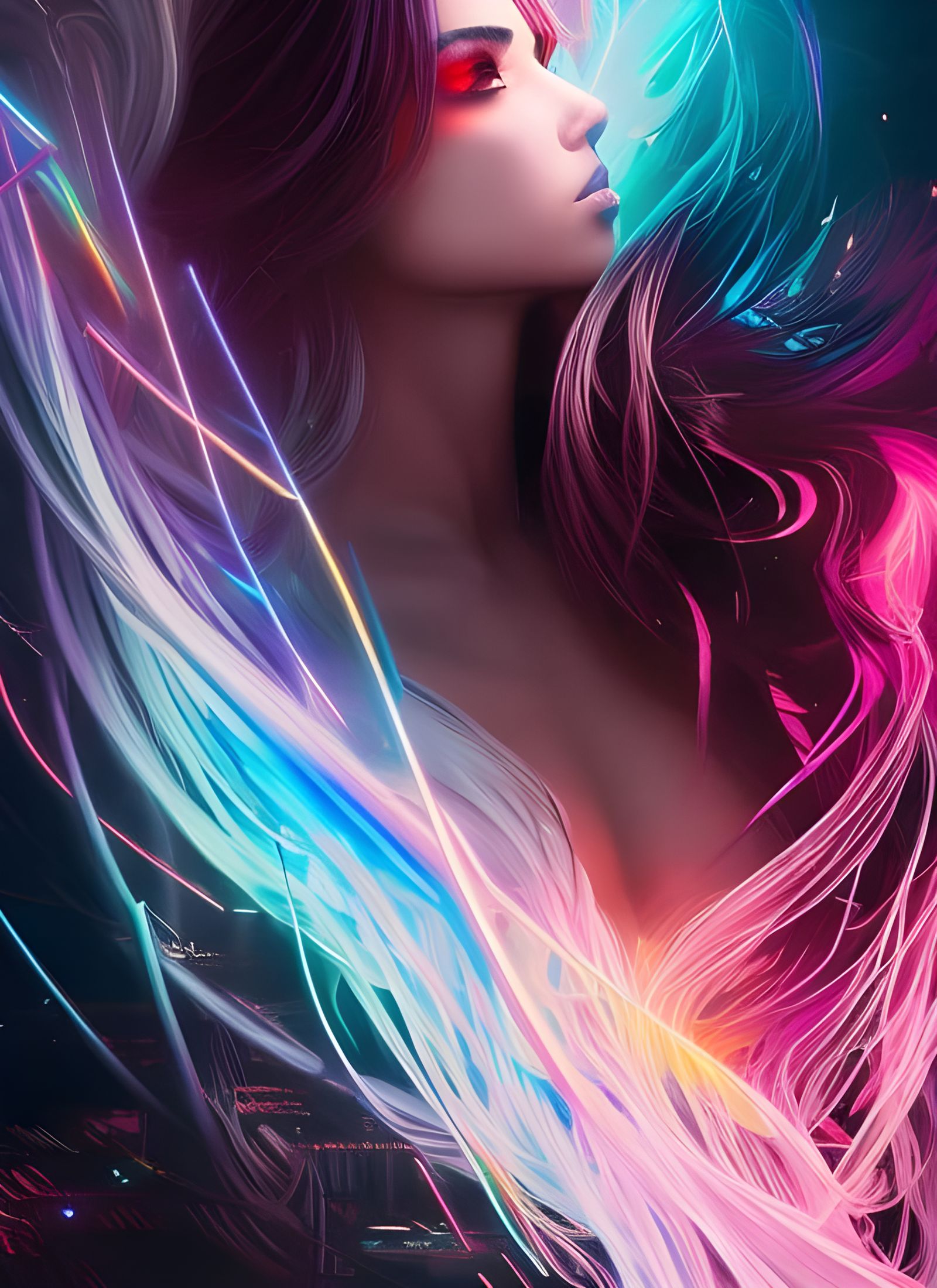 Cyberpunk Goddess with Rainbow Hair, Digital Art