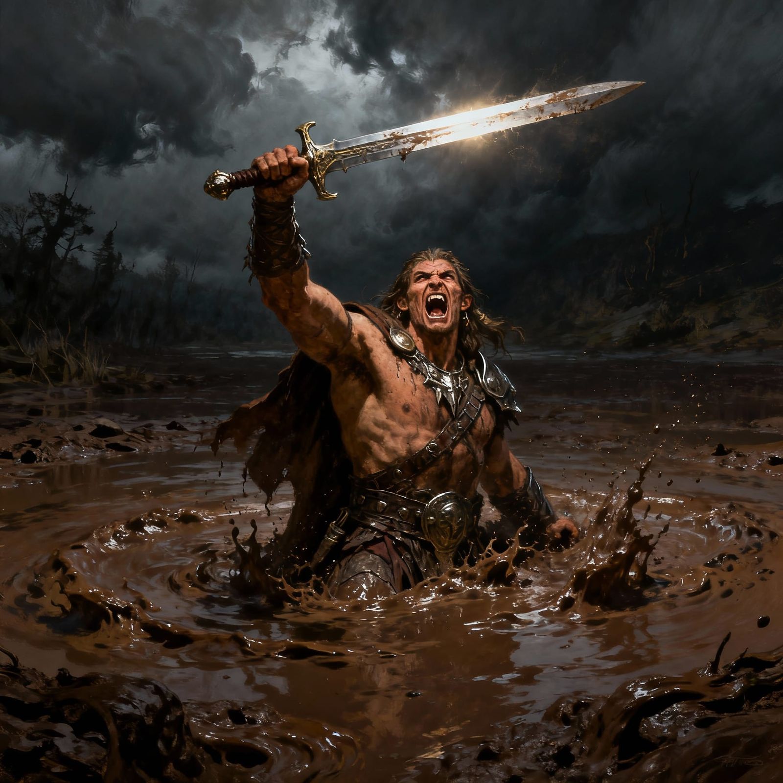 Fierce Barbarian Rises From Mud Lake in Dark Fantasy Style