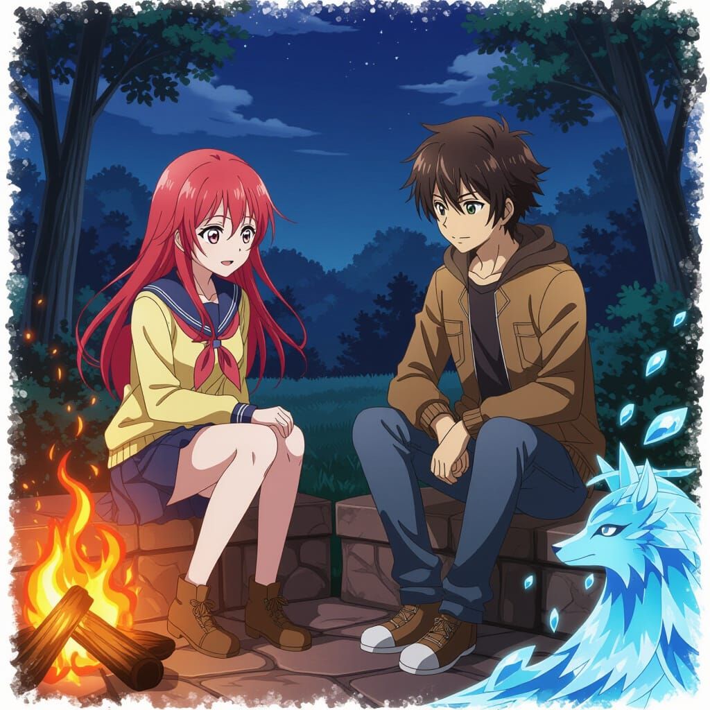 anime style A teenage girl on the fire side vs a teenage boy on the air side unlikeyly friends