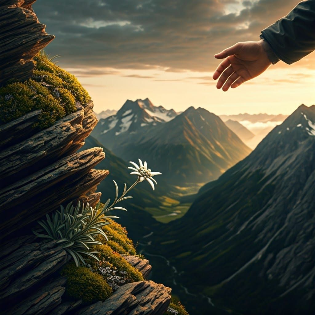 Ethereal Edelweiss Blooms on Alpine Cliff