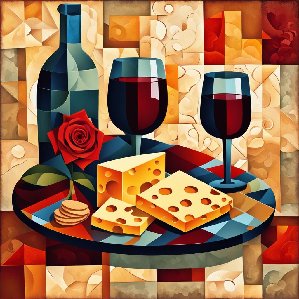 Batik Still Life with Wine, Cheese and Rose