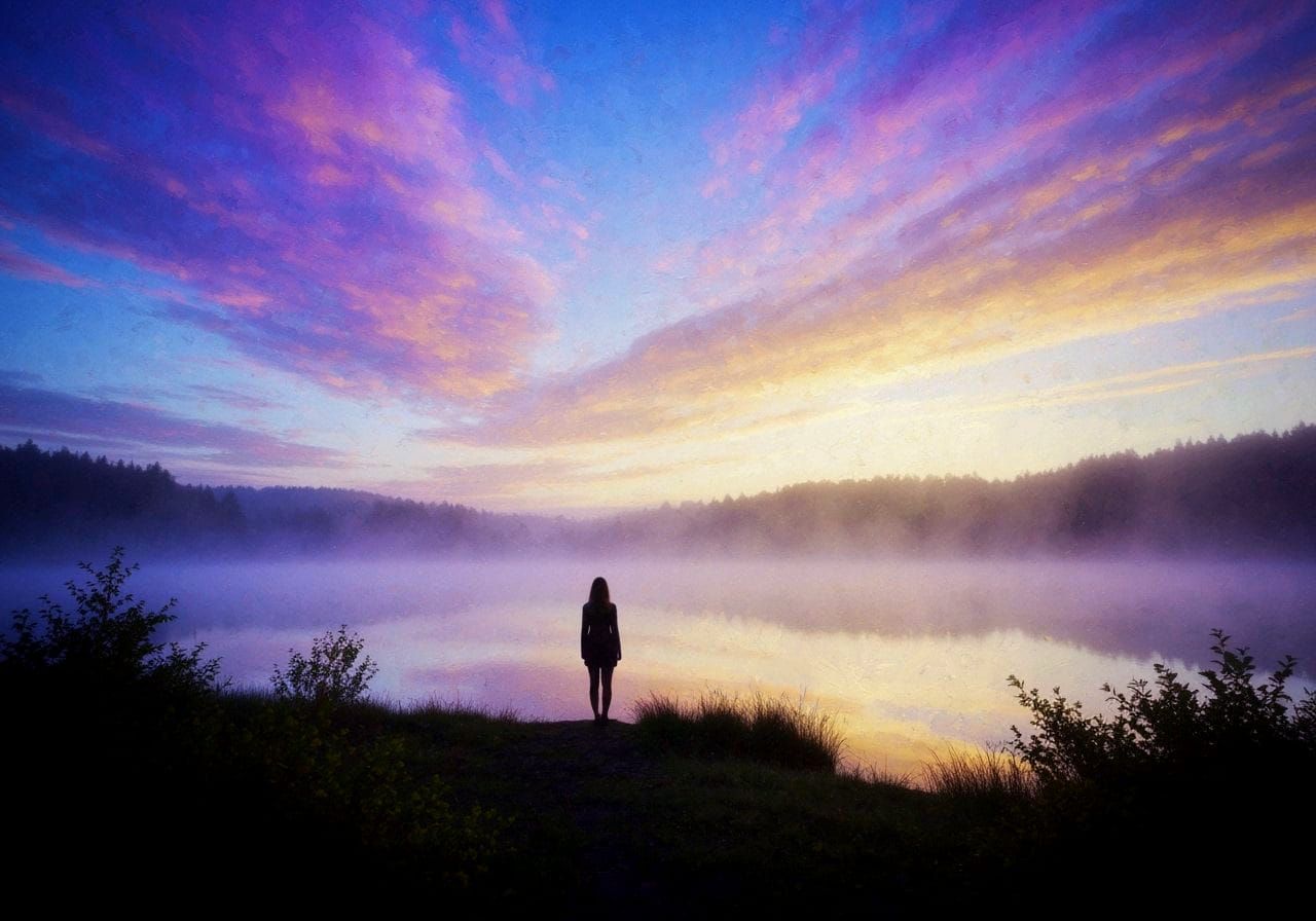 Woman by Misty Lake Under Ethereal Sky
