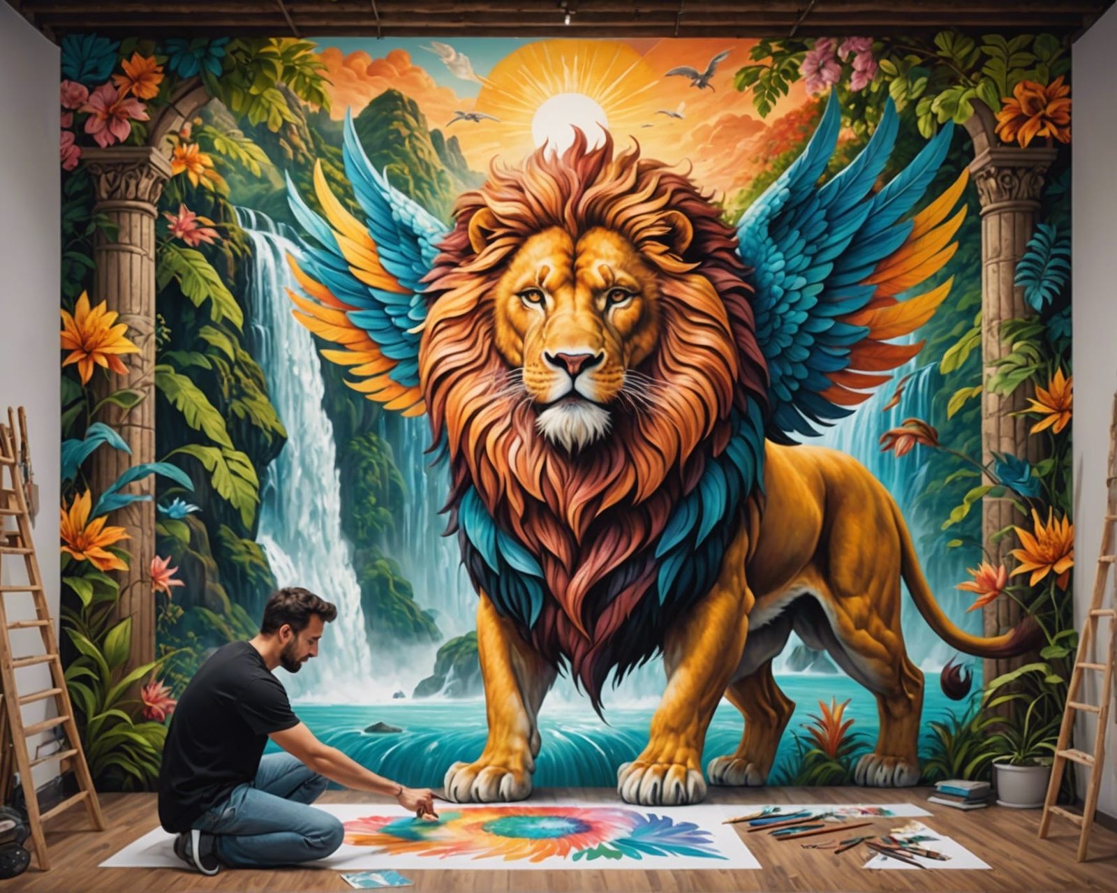 Majestic Winged Lion Waterfall Mural in 8k