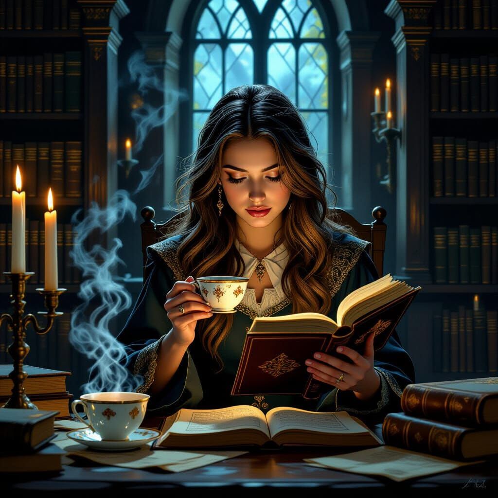 Young Witch Studying in Candlelit Library