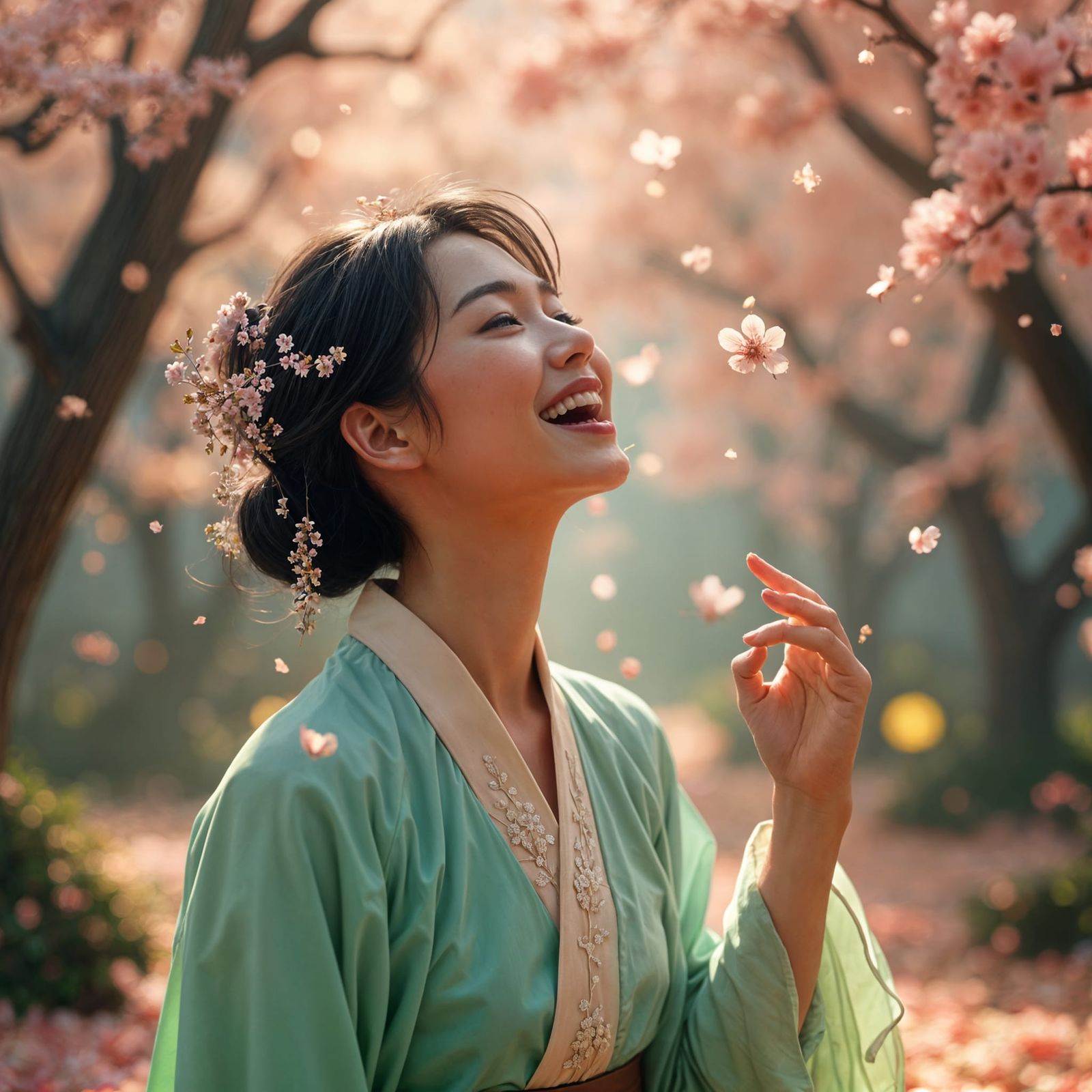 Surreal Cherry Blossom Fantasy Scene in Deep, Vibrant Colors