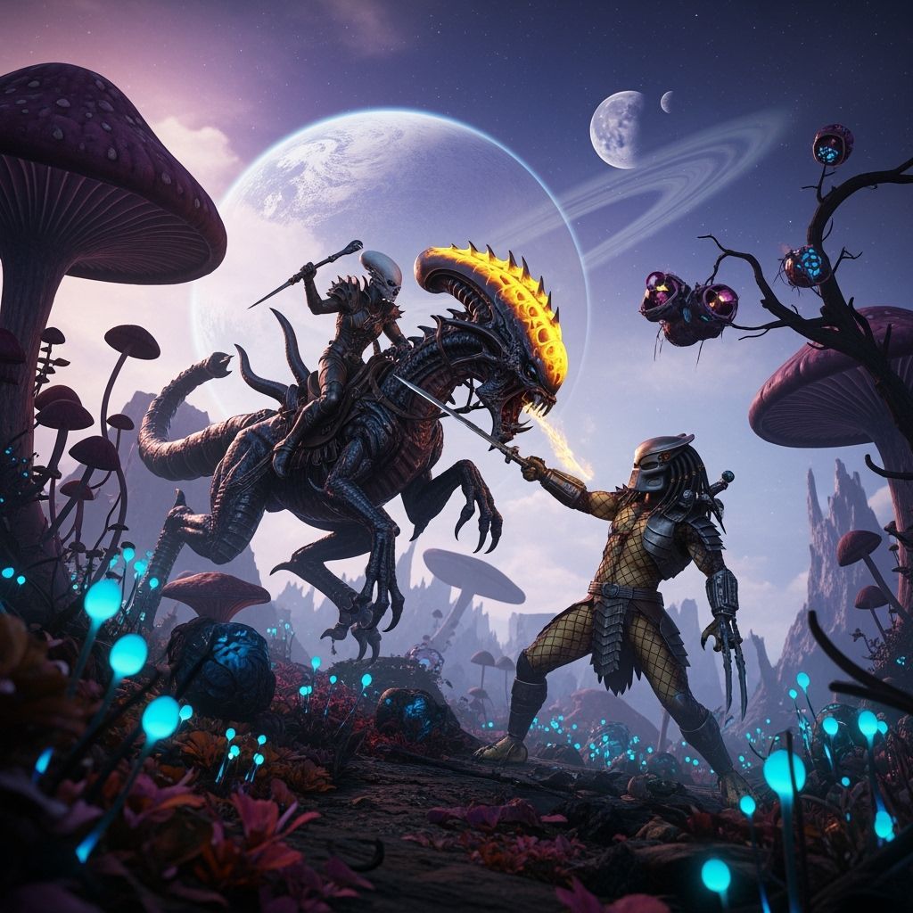 Alien Dragon Rider Duels Predator in Dark Fantasy Art