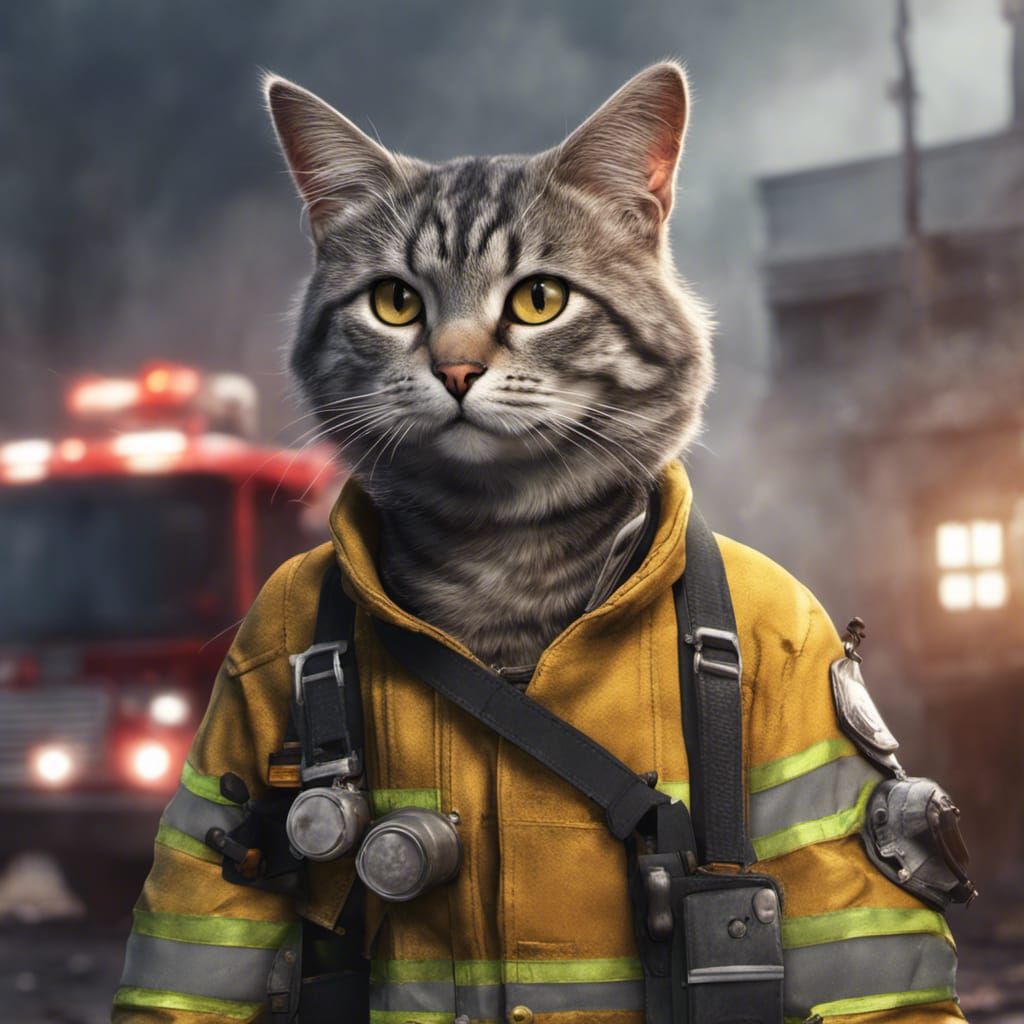 Gray Tabby Cat as Firefighter: Detailed Digital Art