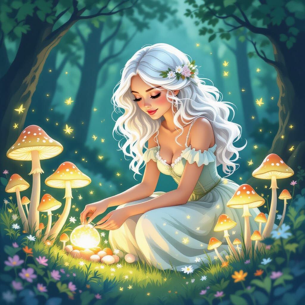 Moonlit Woman Tends Magical Glowing Mushroom Garden