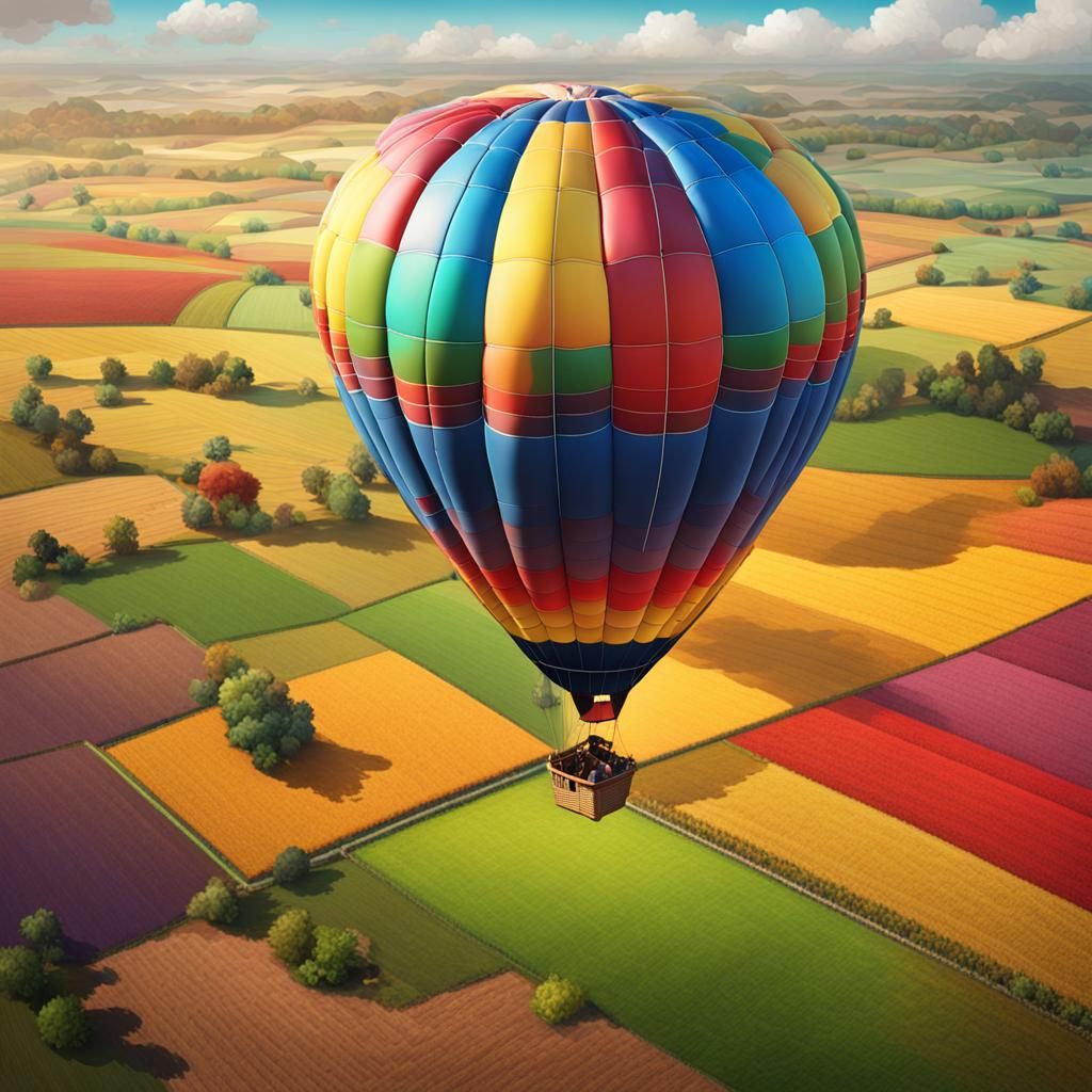 Hyperrealistic Hot Air Balloon Flight Over Fields